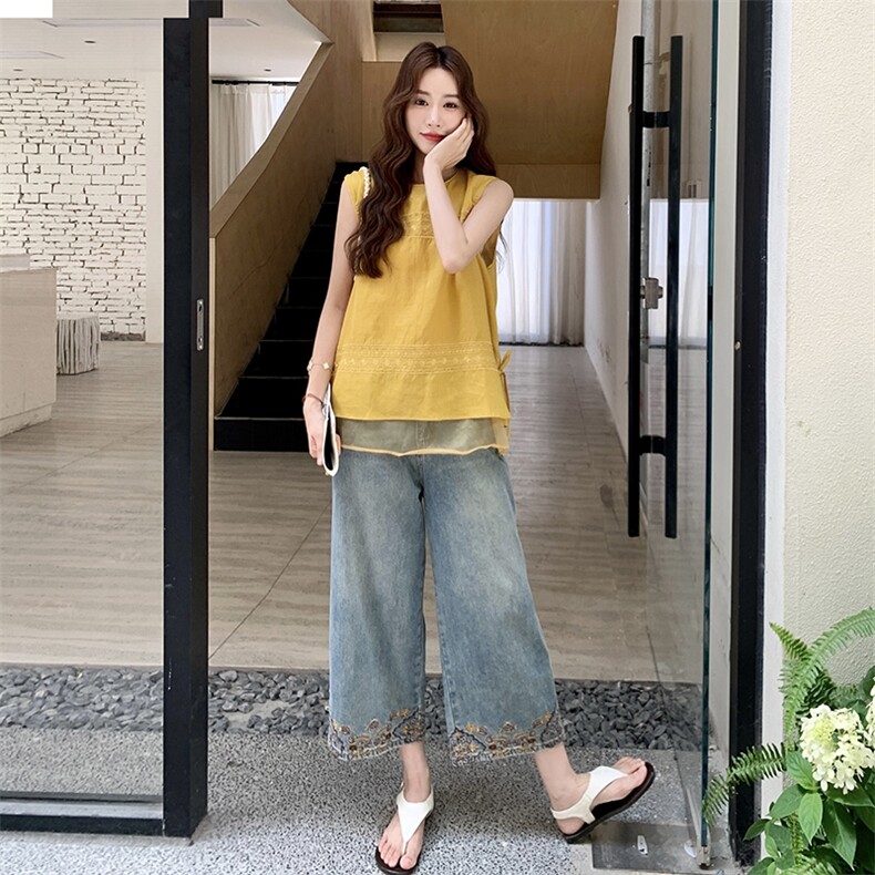 新中式国风牛仔阔腿裤套装女2025年夏季新款刺绣牛仔裤上衣两件套,女装休闲裤,2D014