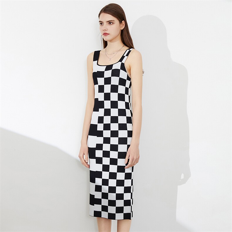 夏新款黑白格子背心裙女无袖内搭细肩带中长款紧身显瘦针织，女装背心吊带，木淼羊绒