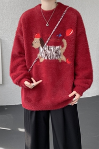 腊肠狗情侣毛衣男酒红色本命年针织衫男高级感线衫MY1222-P68图片