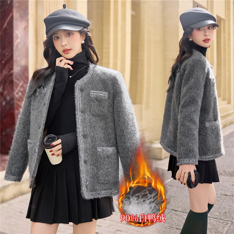 【bao款大货已出】2025新款冬装小香粗仿羊毛呢羽绒外套90%白鸭绒,女装羽绒服,雅静靓衣