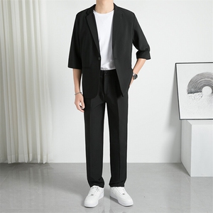 TW051-P95 2025夏季时尚痞帅轻熟风男士宽松七分袖西服套装两件套图片