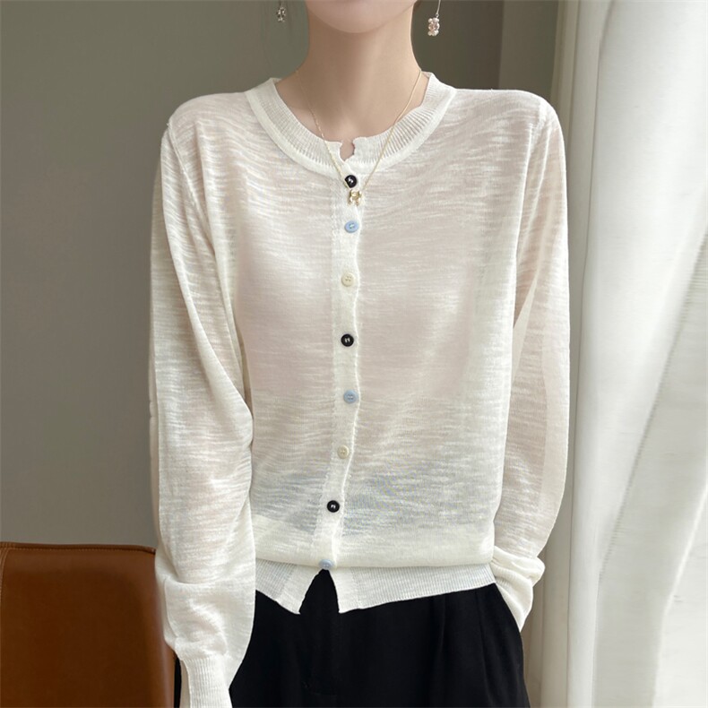 竹节棉麻防晒针织衫女2025新款薄款长袖上衣春季宽松外搭针织开衫，女装针织衫/毛衣，德尔信羊绒