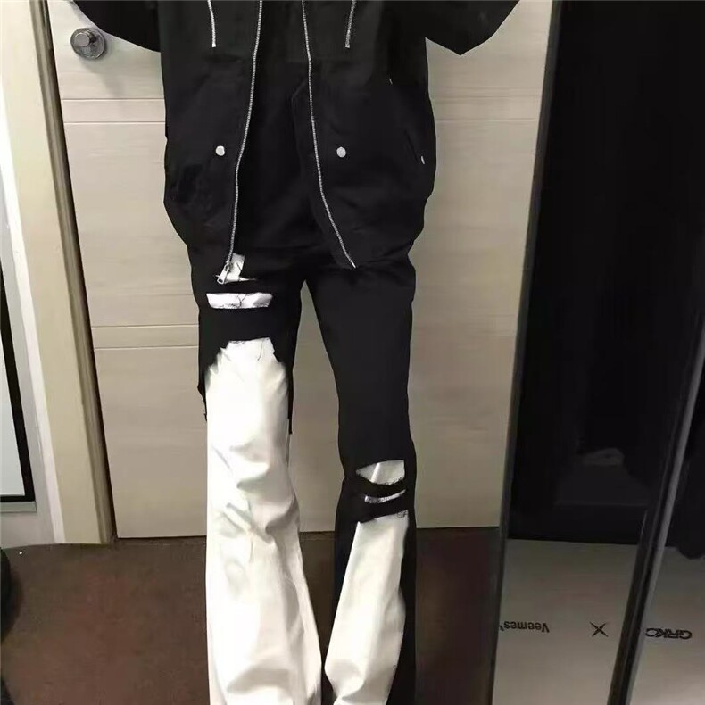 美式高街风裤子黑白拼接破洞牛仔裤男款修身百搭显瘦微喇长裤,男装牛仔裤,四季星座505