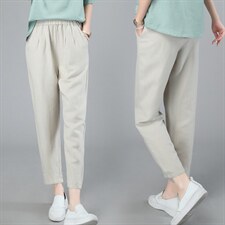 棉麻女裤休闲夏季薄款宽松百搭直筒长裤子松紧腰九分哈伦裤，女装休闲裤，璐依舞