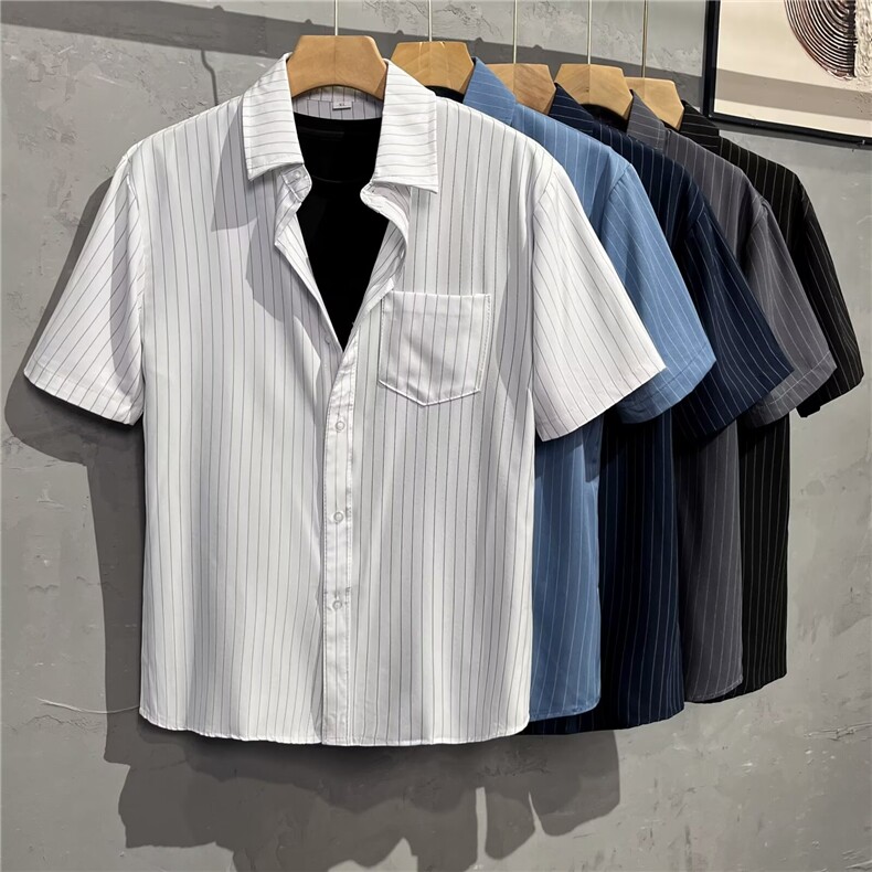 夏季新款条纹短袖衬衫男加肥加大码胖子宽松冰丝半袖肥佬薄款衬衣，男装T恤，星座1210-1