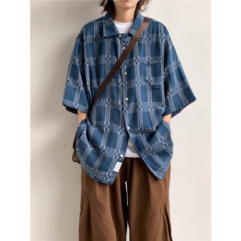 日系小众格纹短袖衬衫男女夏季情侣宽松休闲工装衬衣潮C1177-p43，男装衬衫，星座1008