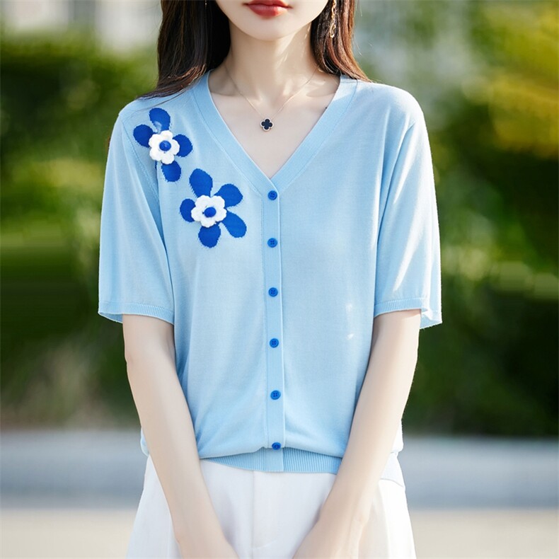 莱赛尔针织刺绣短袖T恤女开衫2025夏薄透气宽松小衫半袖t恤上衣潮图片