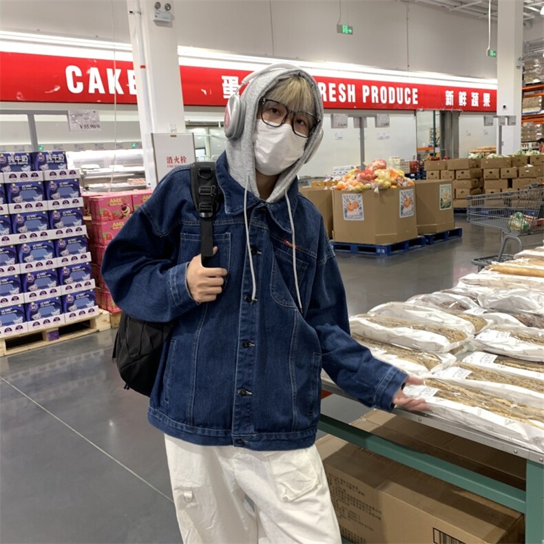 秋季港风男士假两件连帽牛仔外套男帽子可拆卸JK3901-P78图片