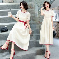 2021夏季新款时尚气质减龄撞色拼接圆领系带收腰显瘦修身连衣裙，女装连衣裙，艾尚靓装