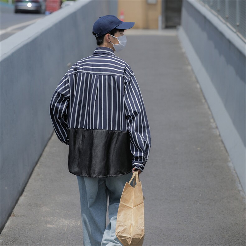 2024秋装新款做旧长袖衬衫男条纹宽松休闲衬衣多口袋C208P45,男装衬衫,电商C323
