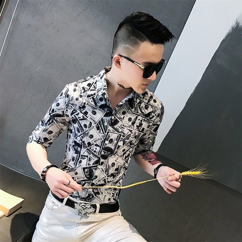 312A-907-P50社会小伙美元衬衫夏季欧美风修身五分袖印花衬衫,男装衬衫,星座312A