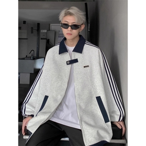 1506-1/W67981/P50藏青色三道杠条纹卫衣外套男女款立领棒球服图片