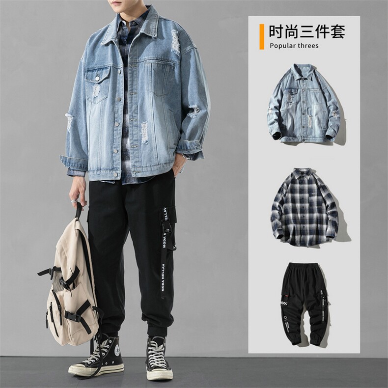 男士休闲套装夹克搭配2021新款秋季牛仔潮牌组合三件套DF150T,男装夹克,电商A102