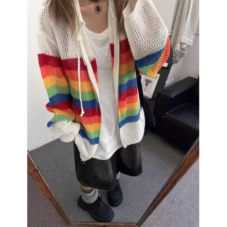 【有货】彩虹镂空连帽针织开衫男女罩衫情侣衬衫外套2401CC-特P48,男装衬衫,星座1007（原301D）