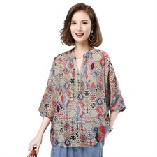 2021夏季新款时尚气质宽松蝙蝠袖印花衬衫，女装衬衫，叶笙衣