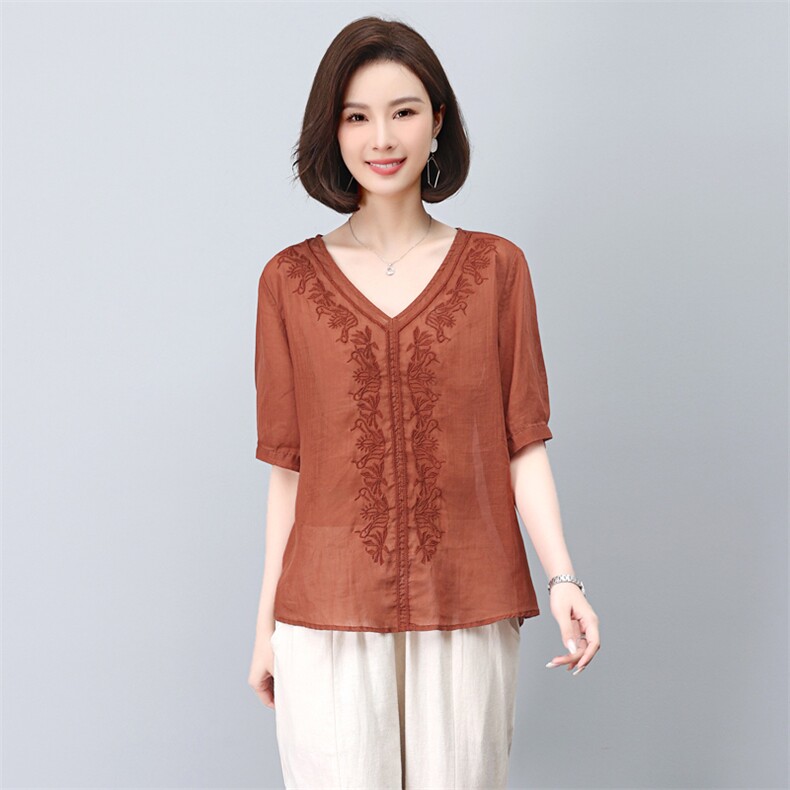 苎麻衬衫女短袖2023新款夏季v领刺绣衬衣小个子妈妈小衫时尚上衣,女装T恤,涵誉