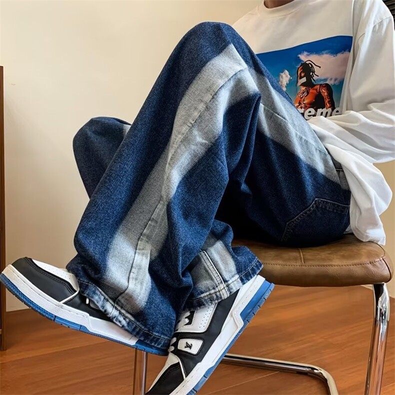 男秋季复古做旧磨白高腰直筒牛仔裤N119P38图片
