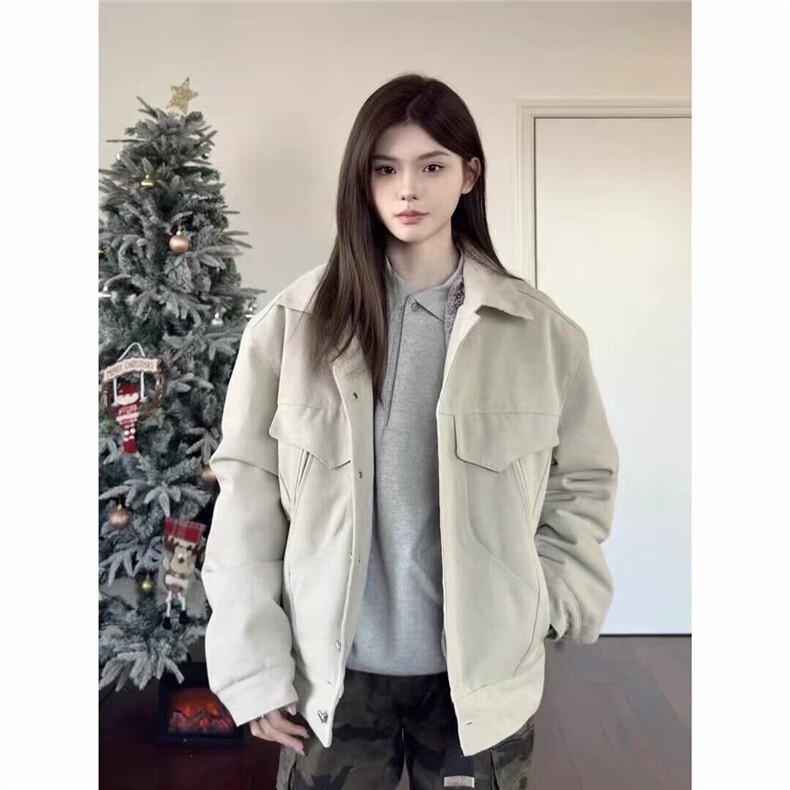 美式复古纯色短款外套女2025春季新款翻领时尚宽松休闲夹克上衣图片