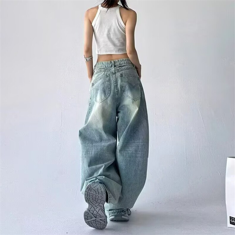 美式复古设计感嘻哈弯刀牛仔裤女2025秋季新款宽松显瘦直筒阔腿裤,男装牛仔裤,星座813-2