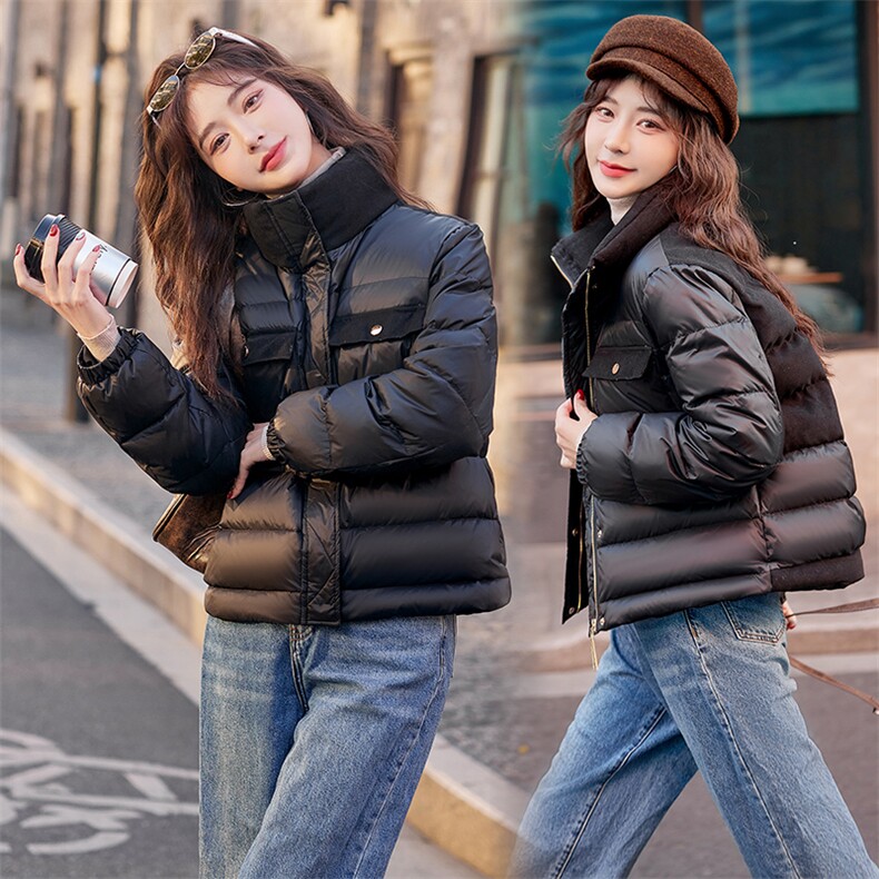时尚黑色羽绒服女短款2023冬季新款小个子拼接立领白鸭绒保暖外套图片