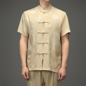 唐装短袖套装夏季中老年爷爷汉服爸爸风男装老年人衣服图片
