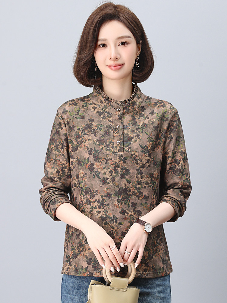 大量现货高领打底衫女秋冬装2024年碎花加绒内搭上衣中年妈妈加厚,女装大码女装,奕阳依阁