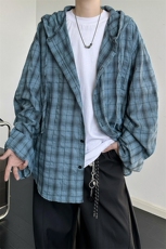 廓形防晒衬衫男夏季长袖冰丝薄款亚麻格子衬衣开衫外套CS29006P50，男装衬衫，电商B312