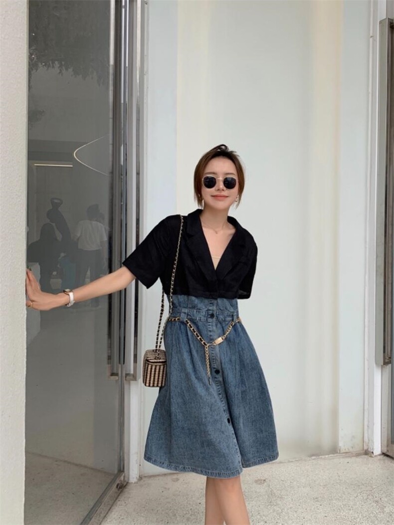 牛仔拼麻连衣裙，女装连衣裙，肆尔