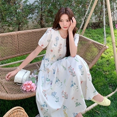 轻国风印花泡泡袖连衣裙女2025夏季新款复古甜美宽松小个子a字裙，女装连衣裙，2D148