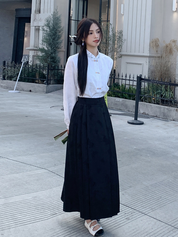 优雅新中式立领提花衬衫修身显瘦长袖上衣搭配高腰马面裙,女装衬衫,诺蝶