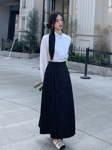 优雅新中式立领提花衬衫修身显瘦长袖上衣搭配高腰马面裙图片