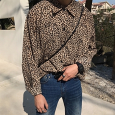 春夏百搭豹纹长袖衬衫男韩版宽松碎花薄款垂感情侣衬衣潮C60-P55，男装衬衫，四季星座713