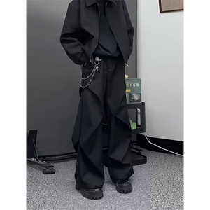 黑色高级感微喇西裤男春秋季垂感垂坠感褶皱工装裤子阔腿休闲长裤图片