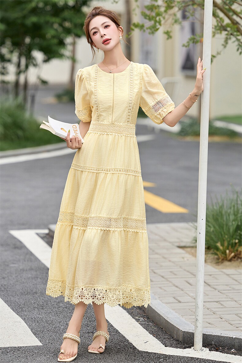 2025年夏季新款优雅蕾丝花边拼接中长款连衣裙女绝美今年流行爆款,女装连衣裙,美沁
