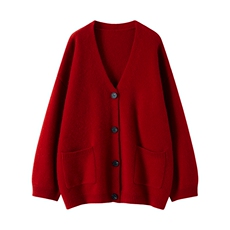 2025年秋季v领单排扣纯色针织开衫时尚百搭休闲风，女装针织衫/毛衣，鸥蕊娅羊绒