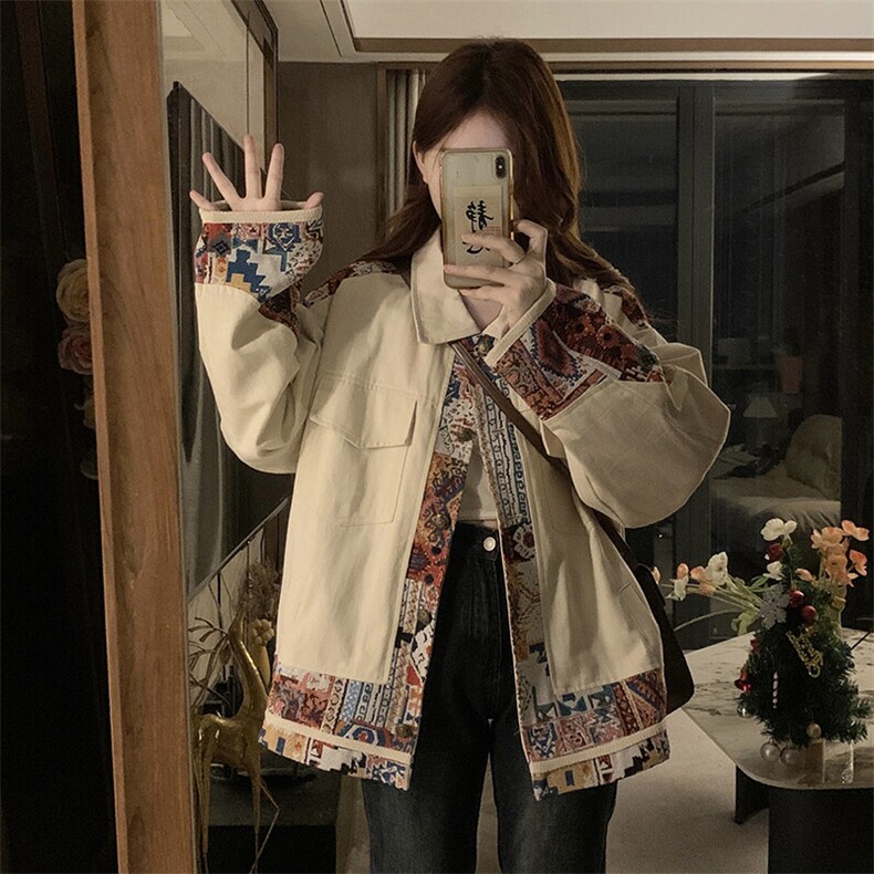 C948-P100米白色碎花拼接工装外套女春秋慵懒韩系氛围感chic上衣,男装棉衣,星座911-2(原星座613-2）