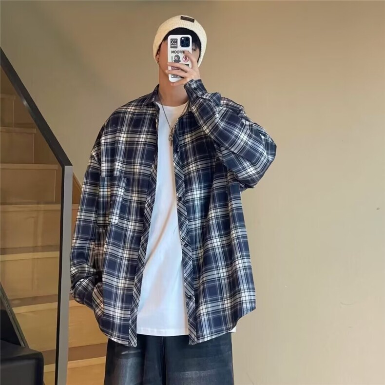 无品牌百搭时尚潮流气质新款慵懒长袖格子衬衫男休闲潮牌高级感,男装衬衫,星座1210-1