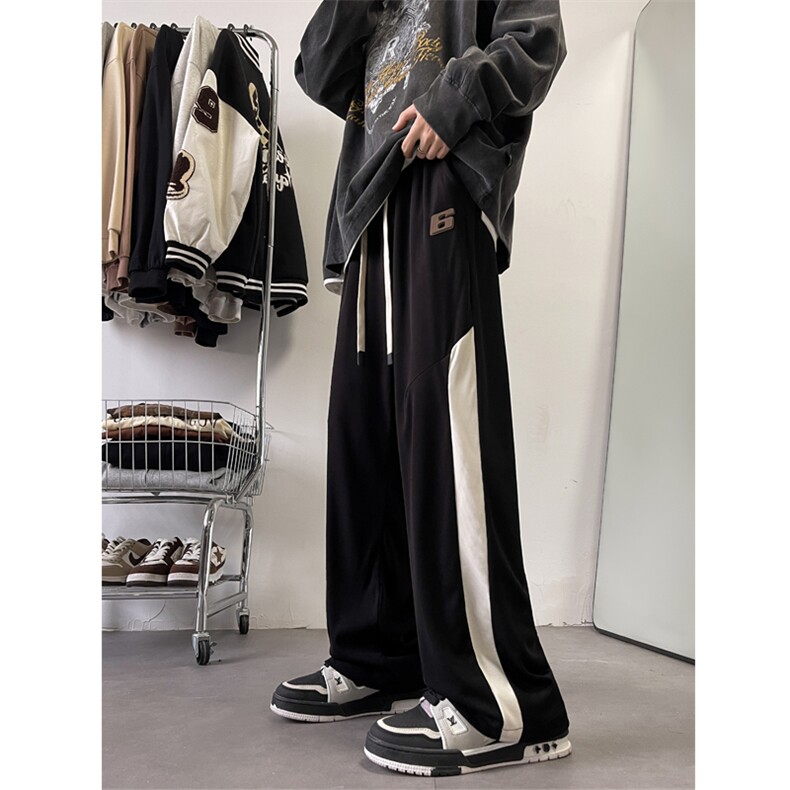 2025春季宽松冰丝条纹直筒拖地裤拼接休闲运动长裤男896-P45控68，女装休闲裤，电商C305A