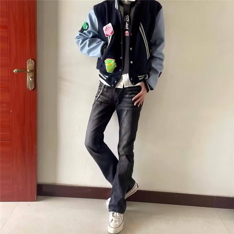 美式高街vibe风水洗黑灰色微喇牛仔裤直筒修身垂坠感长裤子潮流男,男装牛仔裤,四季星座505