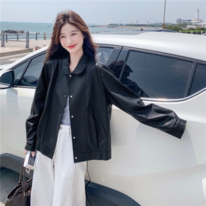 黑色美式复古皮衣女2025秋季新款又酷又飒休闲宽松翻领机车夹克图片