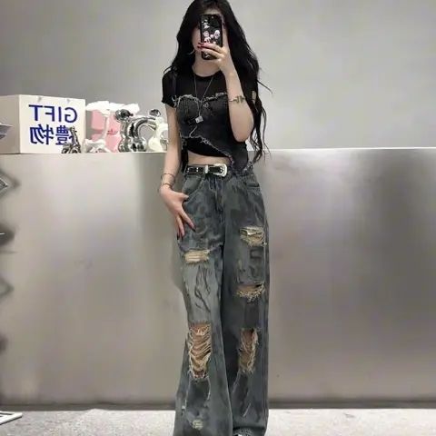 AK1870-P50美式新款垂感直筒废土风破洞牛仔裤,女装休闲裤,星座617A-2