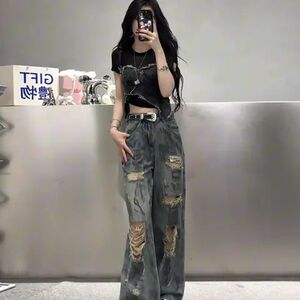 AK1870-P50美式新款垂感直筒废土风破洞牛仔裤