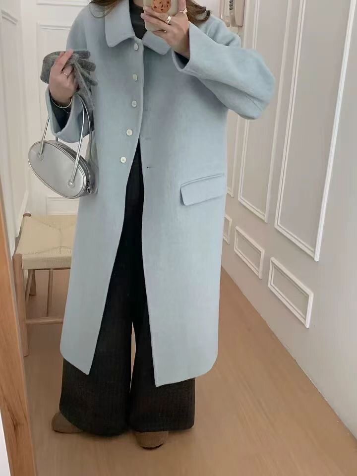 设计感娃娃领双面羊毛大衣女中长款2025秋冬新款单排扣,女装双面呢大衣,依嘟服饰