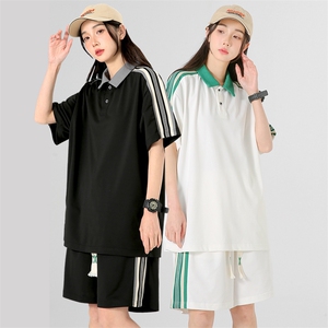 夏季现货主推大码港风情侣翻领日系冰爽休闲运动套装男S19P65