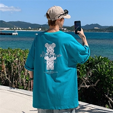 1港风小熊印花休闲情侣日系潮大码M-5XL短袖T恤男DT7736P25控38，男装T恤，星座226-2