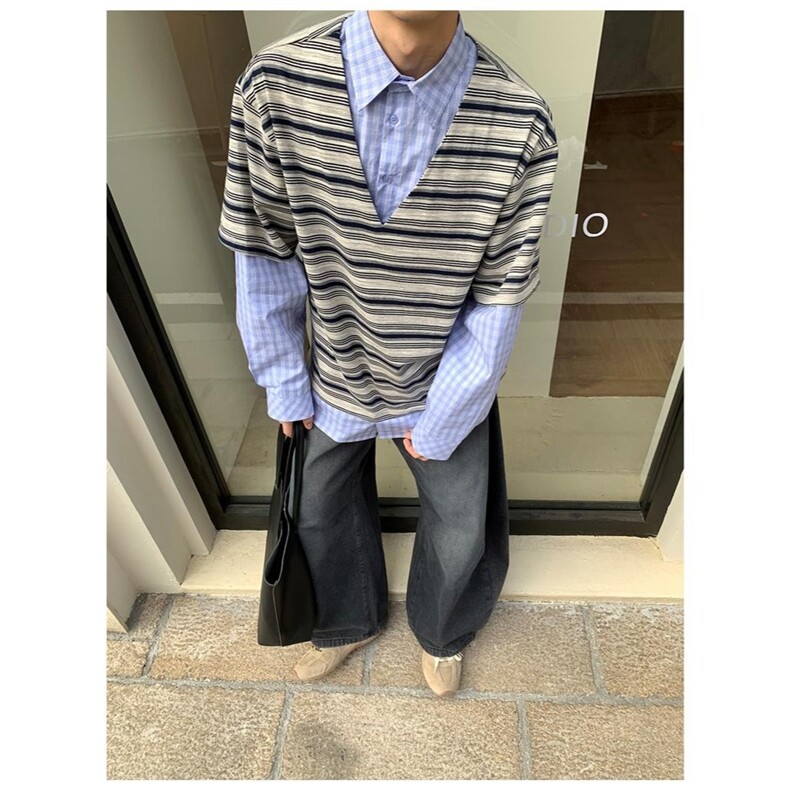 秋季新品拼接设计感条纹衬衫男装宽松高级感长袖,男装衬衫,星座1210-1