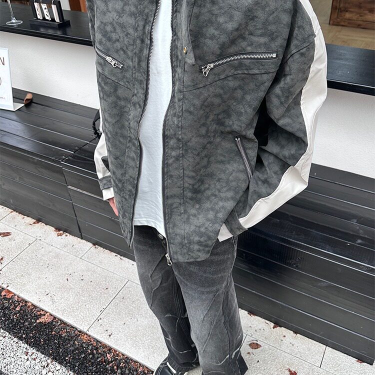 拼皮垫肩立领机车夹克情侣款美式复古磨砂质感外套上衣JK8553，男装夹克，星座516A