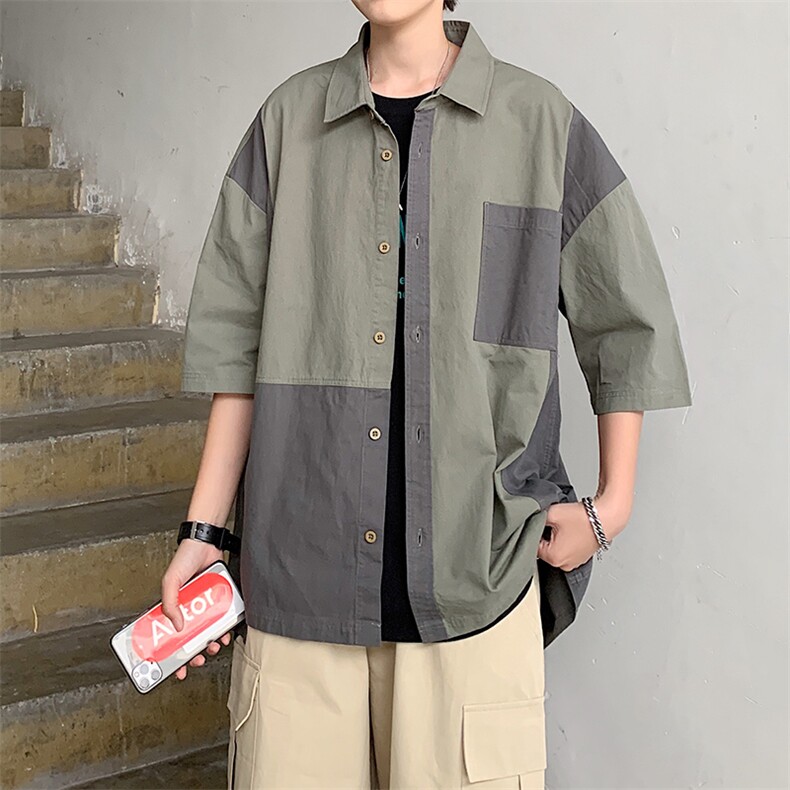 现货拼接工装衬衫2022春夏休闲ins衬衣文艺短袖男外套W684-P30,男装衬衫,星座512-2