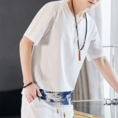 中国风亚麻短袖t恤男夏季薄款宽松唐装拼色古风汉服上衣YK204-P25，男装T恤，星座509