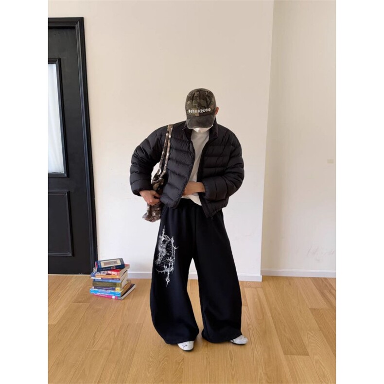 美式复古字母印花绑带卫裤街舞阔腿长裤,男装休闲裤,四季星座505